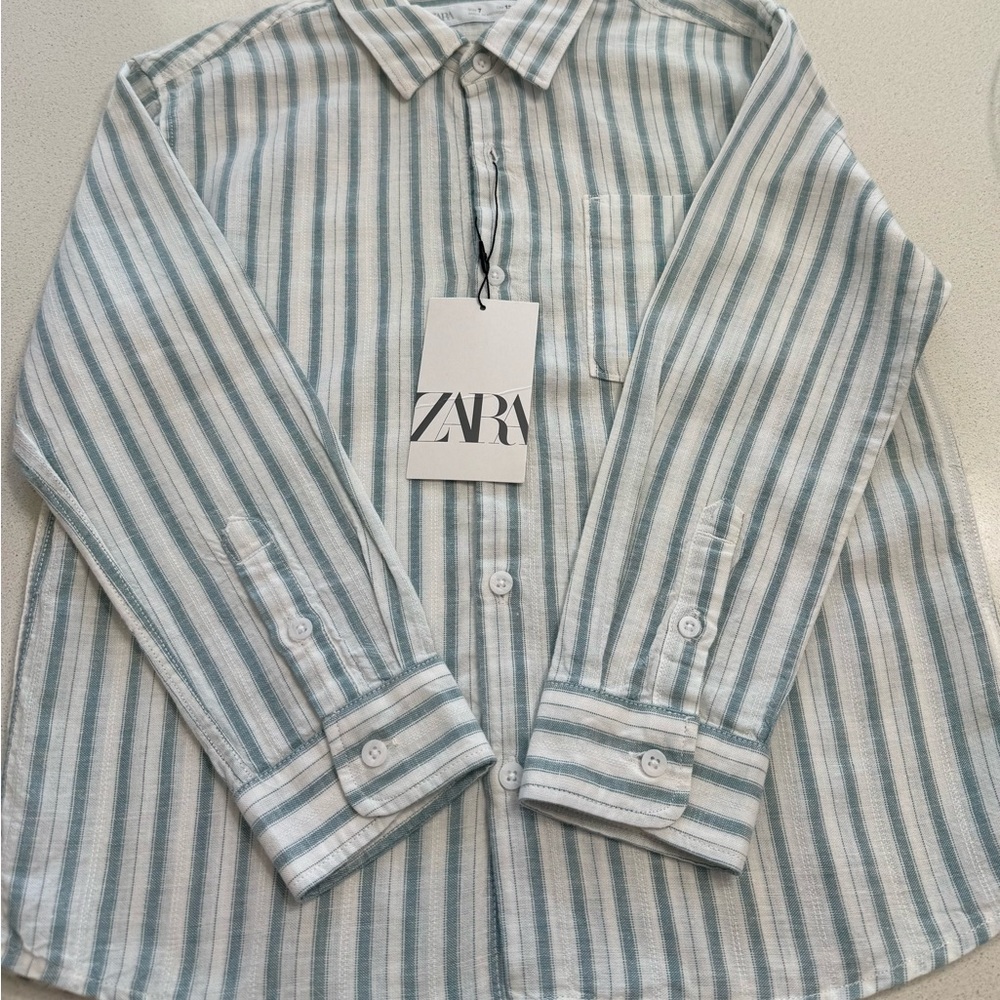 Zara Boy's Casual Green and White Striped Shirt